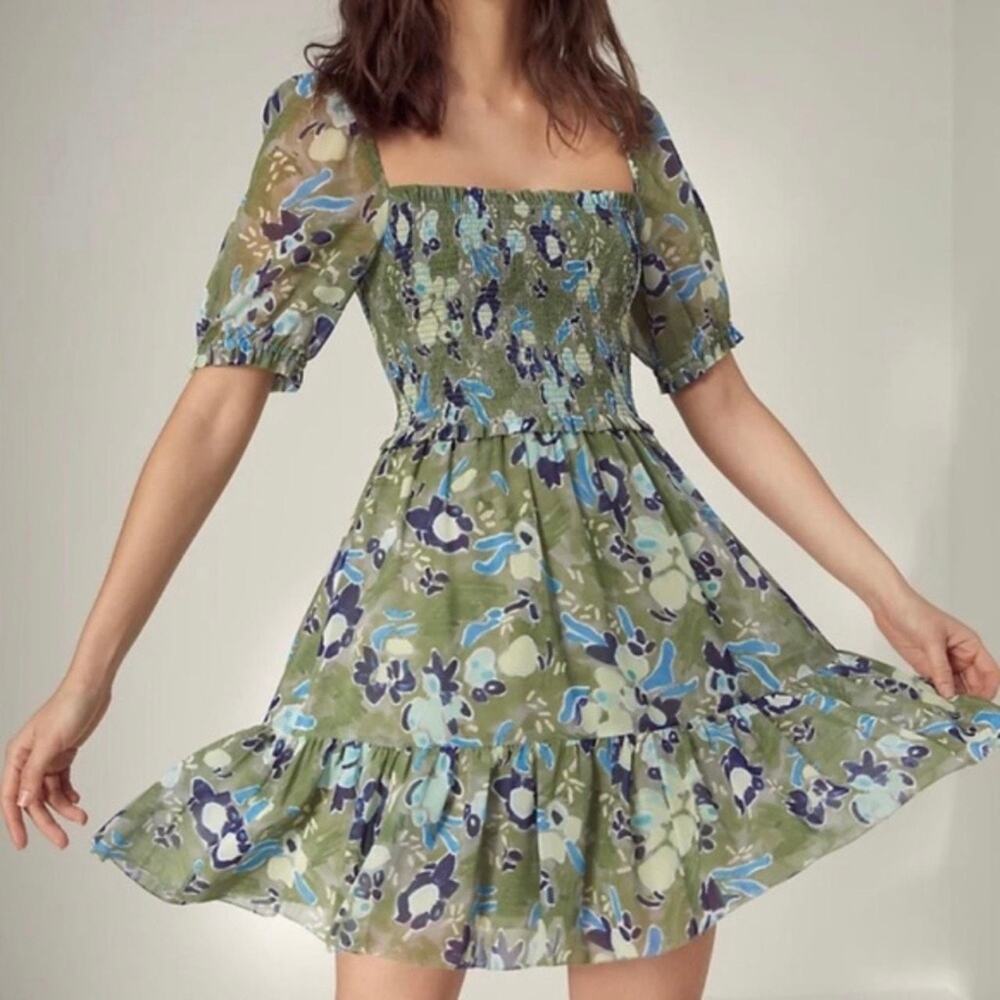 Aritzia Wilfred Laken Floral Smocked Mini Dress Women's Medium Green